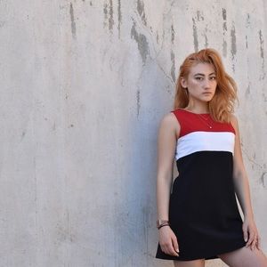 red, black, and white dress